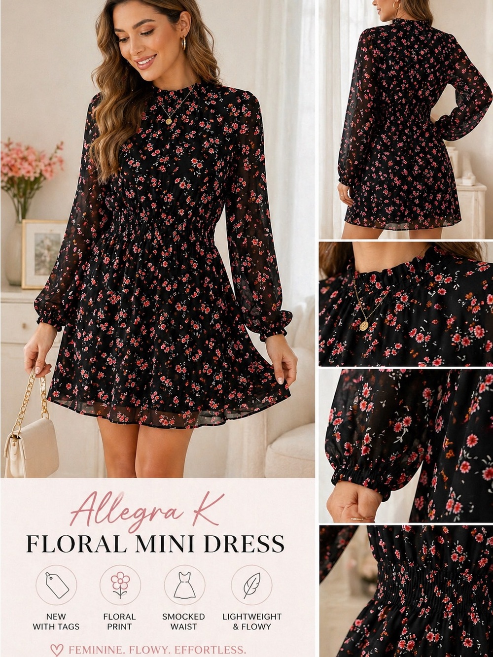 Allegra K Black Floral Long Sleeve Mini Dress Smocked Waist Boho Cottagecore Med